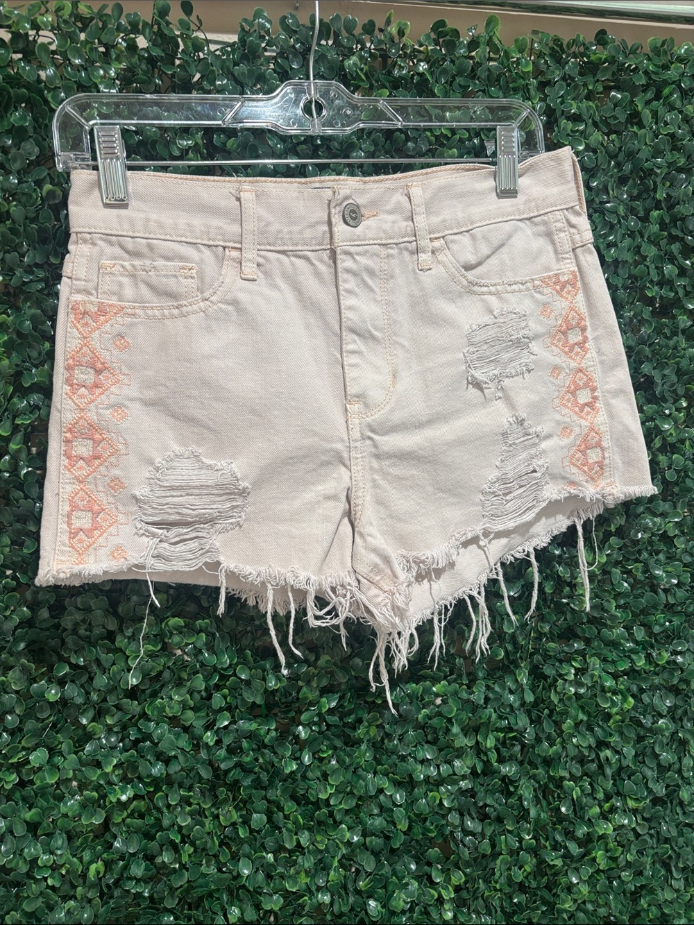 Women’s pink Cream Distressed Denim Shorts with Peach Embroidery